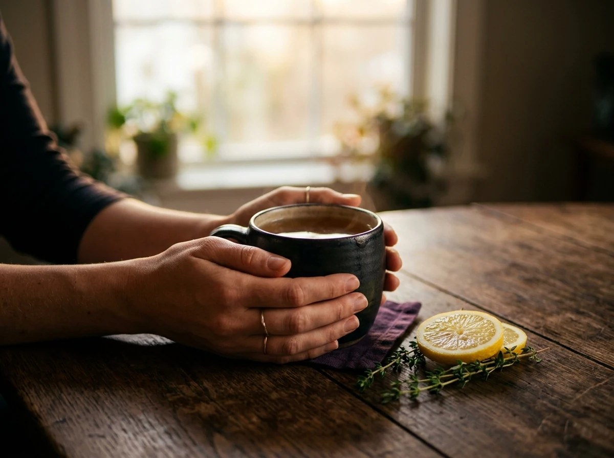 Hands holding a warm morning supplement drink - plant extract wellness supplement daily routine